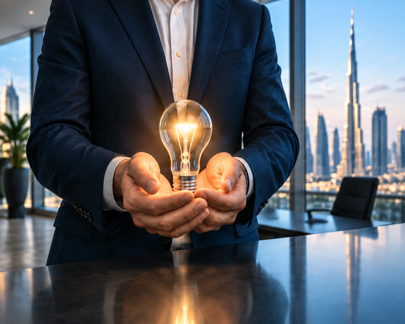 Illustration of a professional holding an illuminated lightbulb with the Dubai skyline behind.